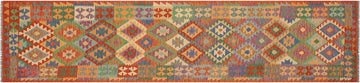 Flat Weave Kilim, Antique, Navaho, Vintage, Handmade, Geometric Kilim Rust Blue Hand-Woven Runner 100% Wool Area Rug 3 x 13